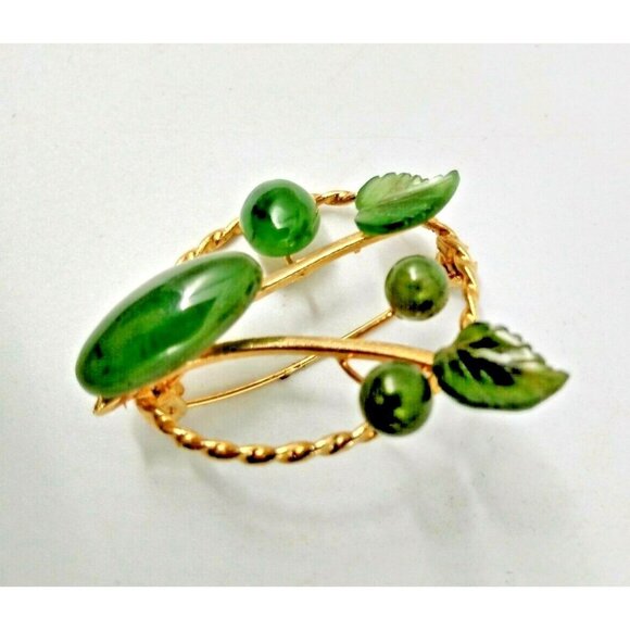 Vintage Green Jade Floral Spray Gold Tone Brooch 1.5" X 2" - Picture 9 of 10